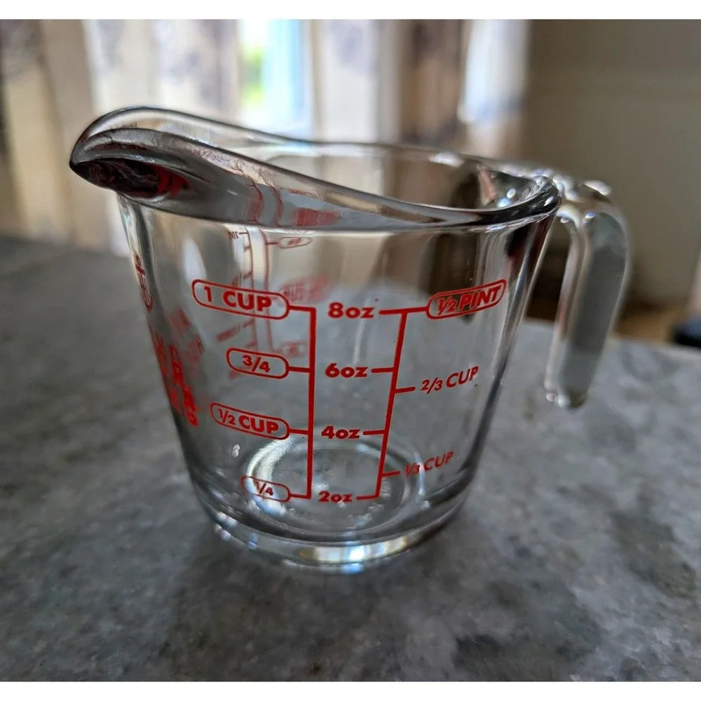 Vintage Anchor Hocking 1-Cup Glass Measuring Cup Red Lettering Made in USA